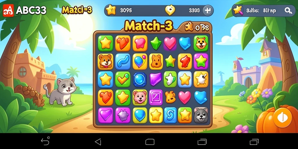 Tampilan menarik dari gameplay Match-3 ABC33 dengan permata berwarna-warni.