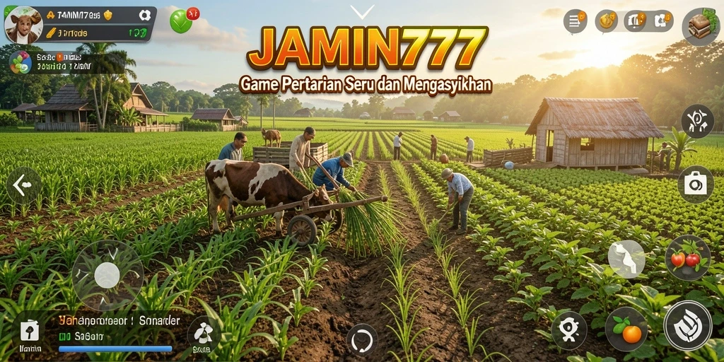 Tampilan utama gameplay JAMIN777 yang menggambarkan aktivitas pertanian.