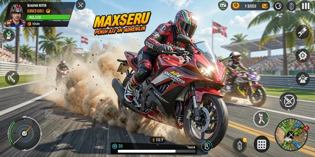 Tampilan gameplay balapan motor MAXSERU yang mendebarkan.