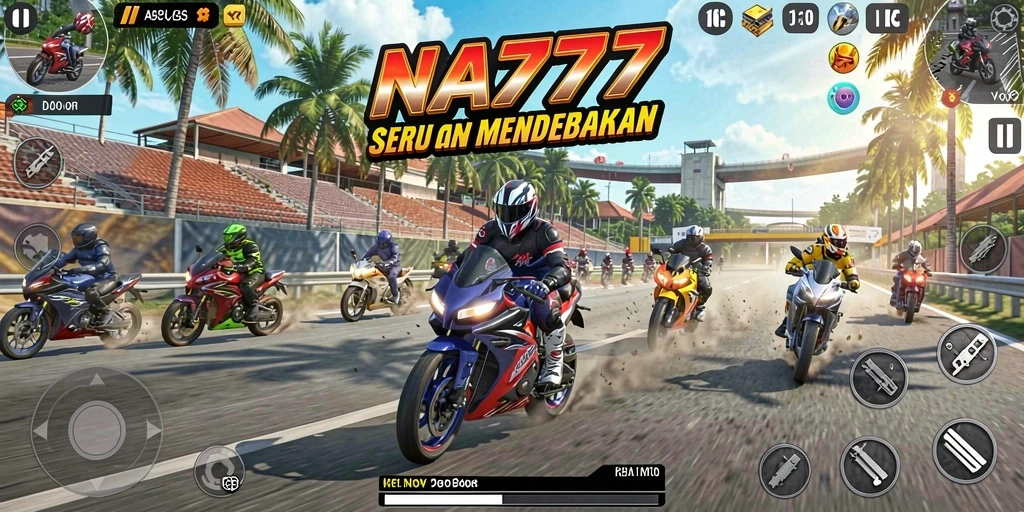 Tampilan gameplay NA777 yang menegangkan dengan aksi balap motor.