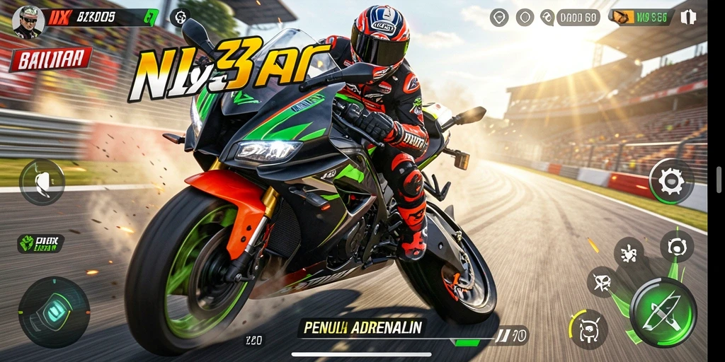 Screenshot gameplay NX303 yang menunjukkan aksi balapan motor yang mendebarkan.