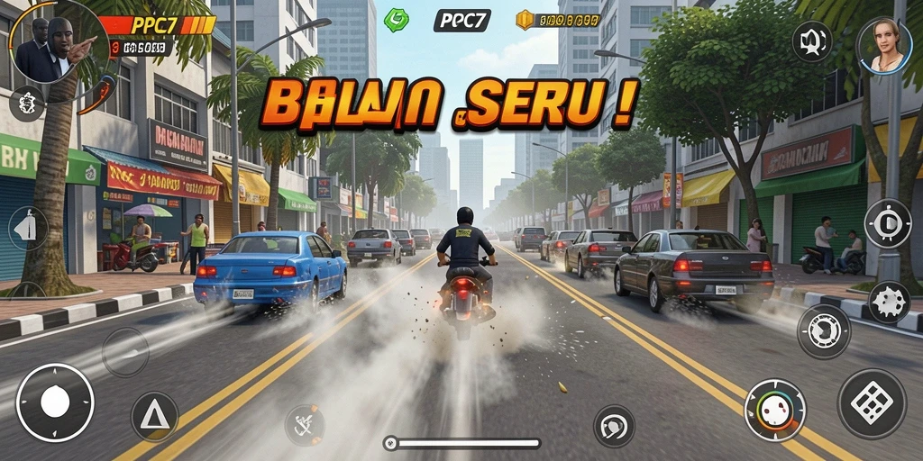 Gameplay PCPC7 yang mendebarkan dengan mobil balap di trek.