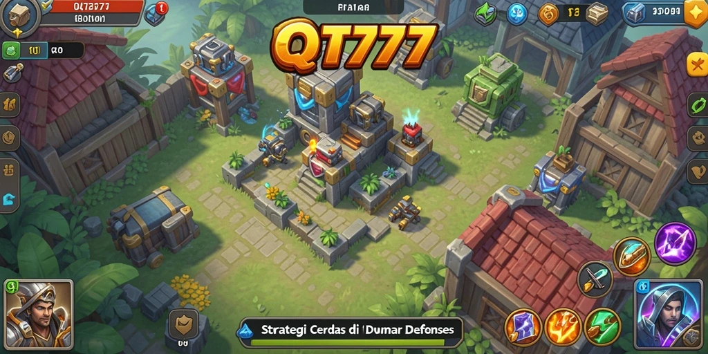 Screenshot utama QT777 menampilkan aksi menara bertahan dari serangan musuh.