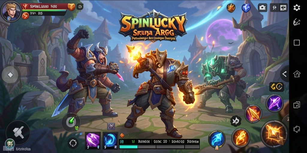 Screenshot SPINLUCKY menunjukkan pertarungan seru antara pemain dan monster.